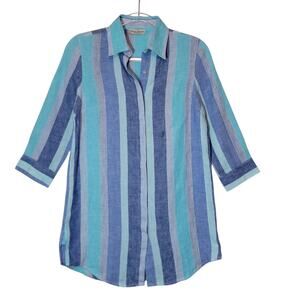 Sartorial Saracena Blue Linen Stripe Button Front Shirt Made in Italy XS